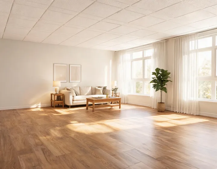 Sunlit living room with Armstrong vinyl plank flooring and soft acoustic ceiling detail