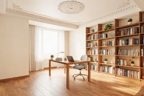 Home office with ceiling detail