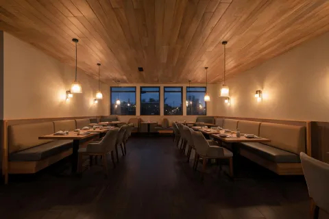 Restaurant dining room with wood-look ceiling planks