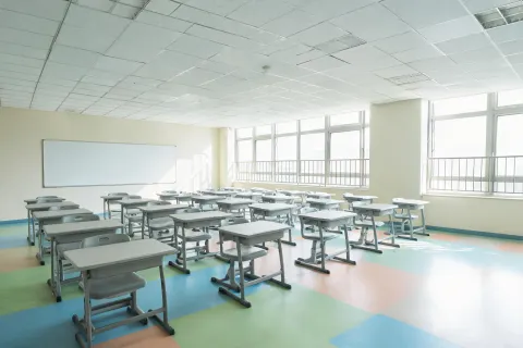 Open classroom with acoustic ceilings
